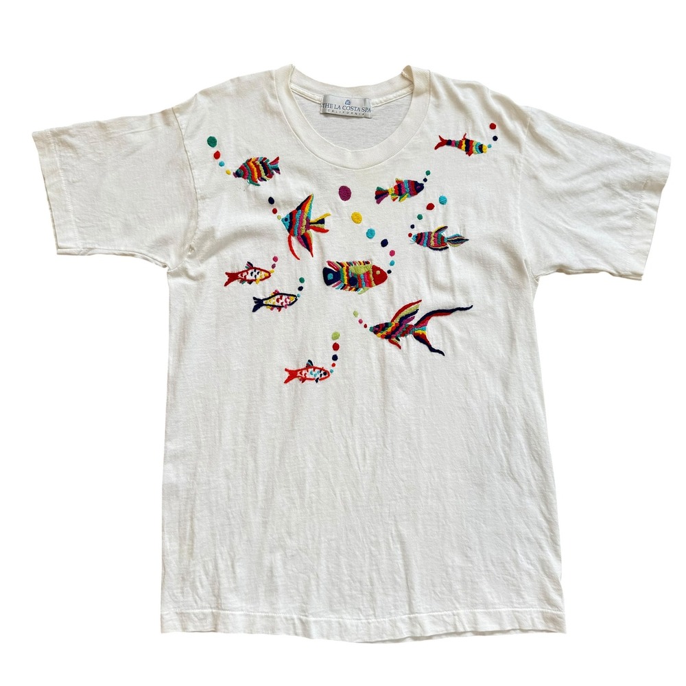 Vintage La Costa Spa California Embroidered Fish T-Shirt White Single Stitch L